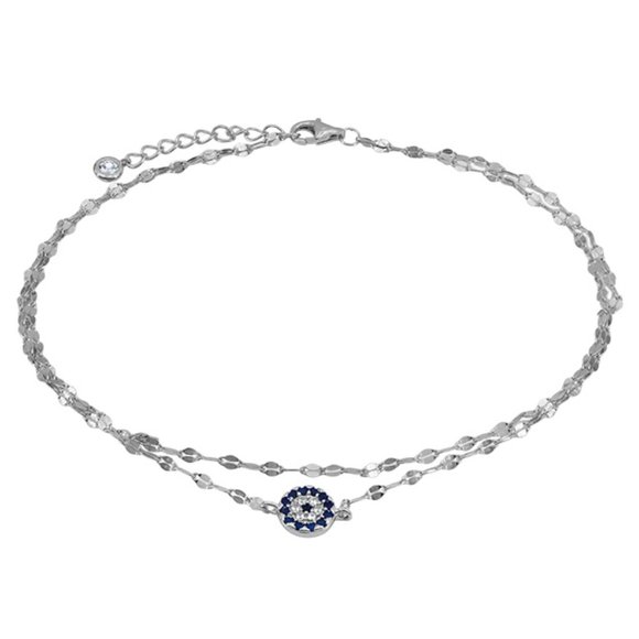 NEW! Real Sterling Silver Evil Eye Double Layer Ankle Bracelet Stamped 925 - Picture 2 of 3